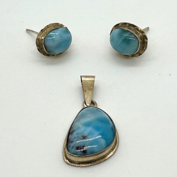 Estate Jewelry - Vintage Sterling Silver Larimar Pendant Earring Set 925 Blue Pectolite Cabochon